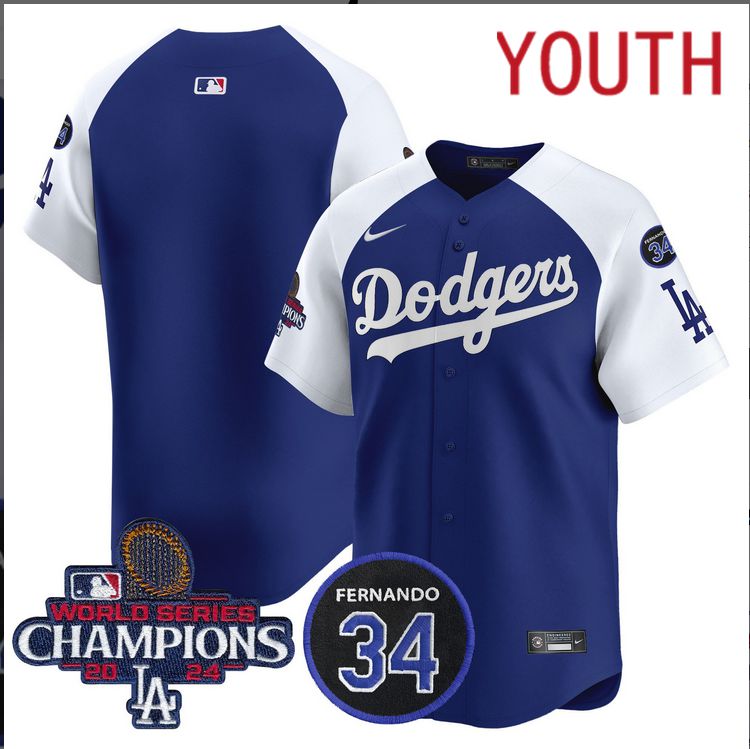 Youth MLB Los Angeles Dodgers  blue white 2024 World Series Champions Patch Limited Jersey